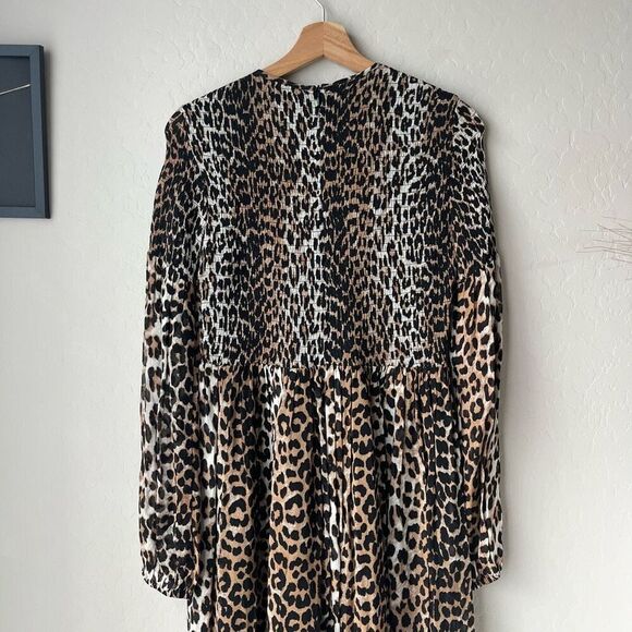Ganni Leopard Animal Print Brown Georgette Smocked Long Sleeve Midi Dress Size 4 - Picture 8 of 11
